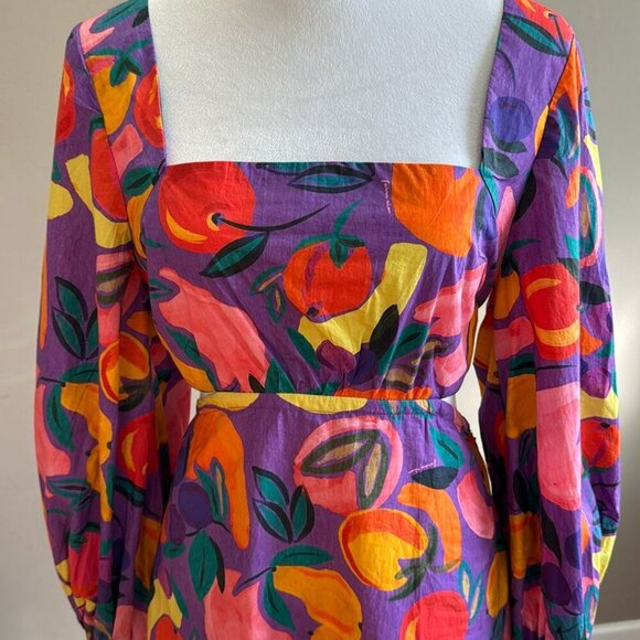 FARM Rio Long-Sleeve Poplin Colorful Open Back Puff Sleeve Mini Dress Size M NWT - Picture 14 of 14